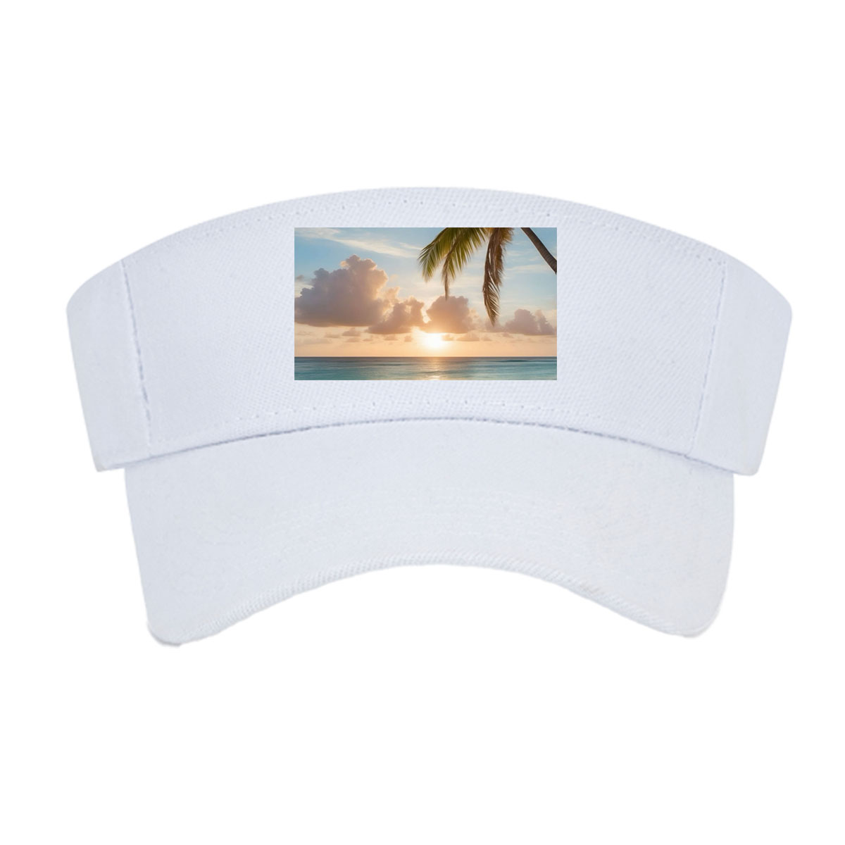 Sunset on a tropical beach with palm trees and calm ocean waves. -  Visor cap