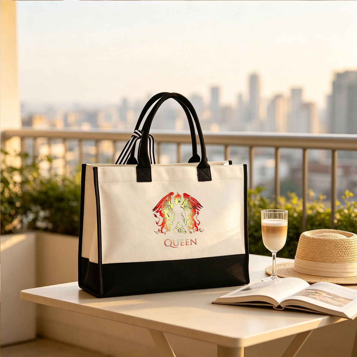 Queen Band Logo with Winged Lion and Dragon Crest - Canvas patchwork gift tote bag