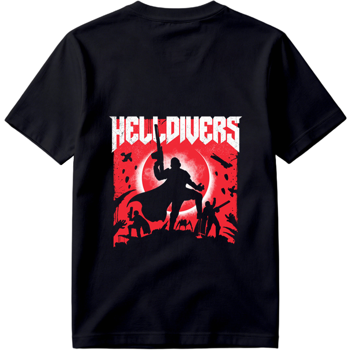 Helldivers: Silhouetted Warriors Against a Crimson Sky - Tee