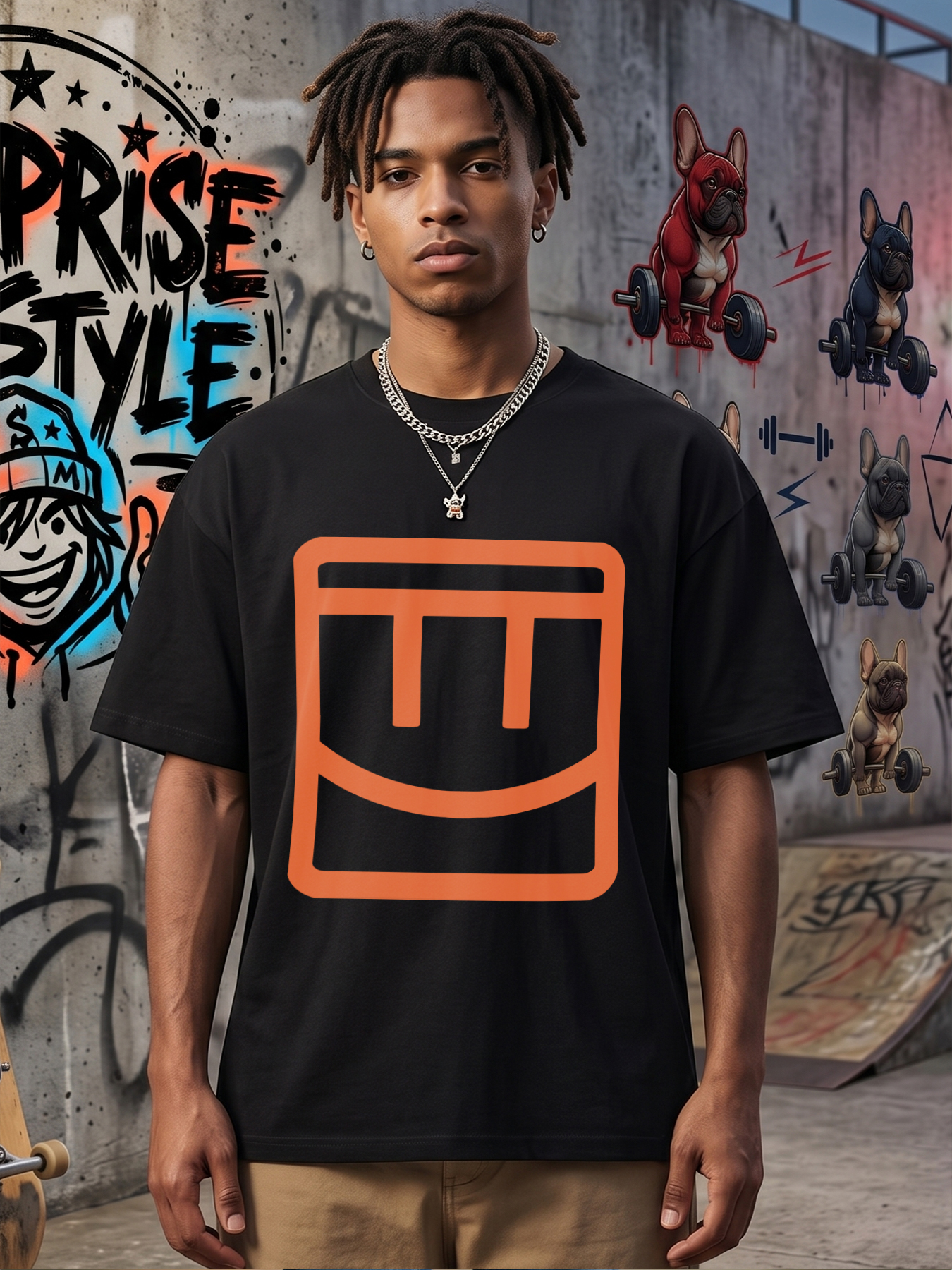 Men's Printed T-Shirt with Bold Orange Square Logo Design Casual Round Neck Lightweight Breathable Summer Short Sleeve Tee for Everyday Wear, Outdoor Activities, and Urban Style Fashion Lovers