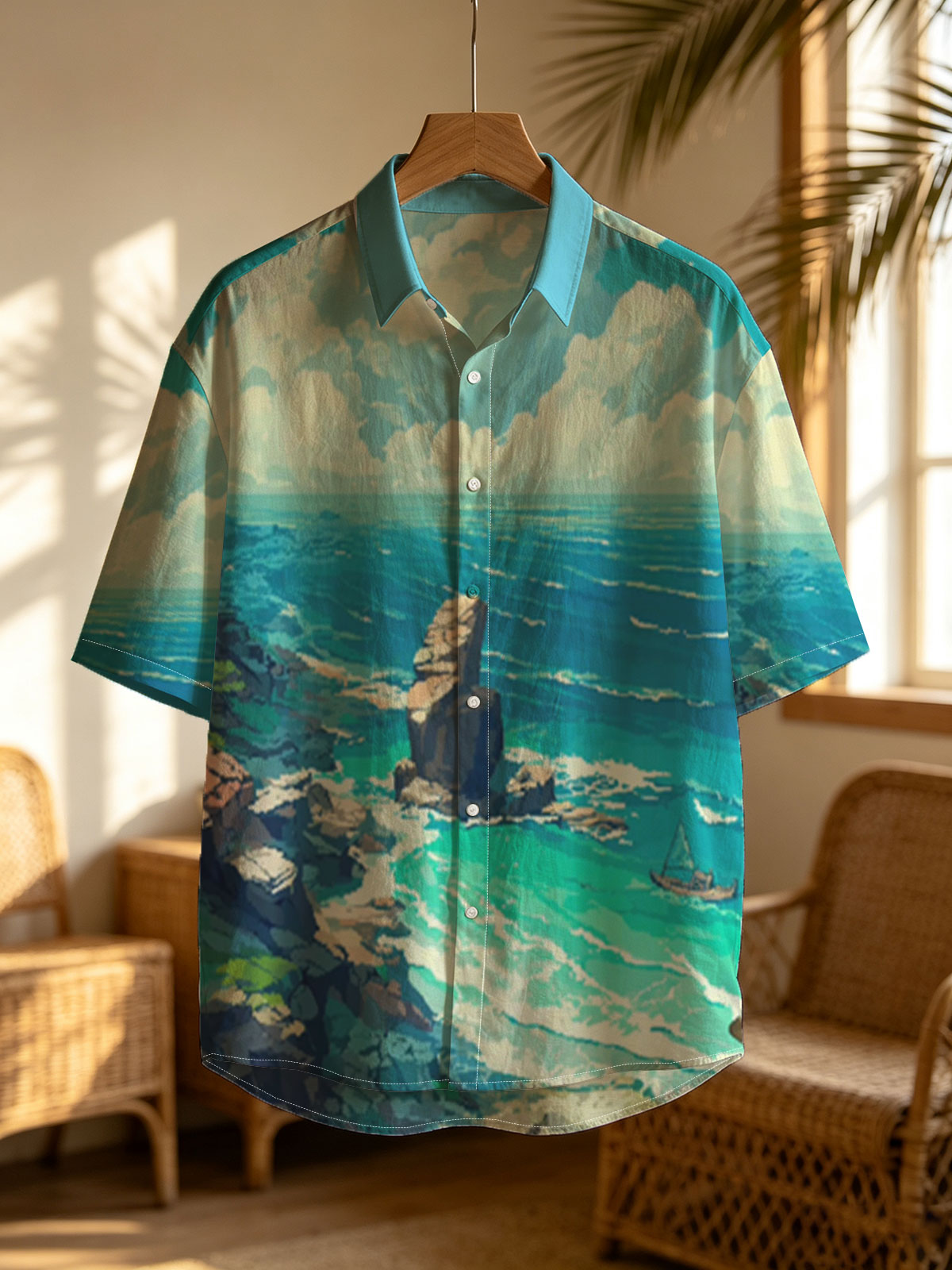 Coastal Landscape with Rocky Shore and Sailboat -  Shirt