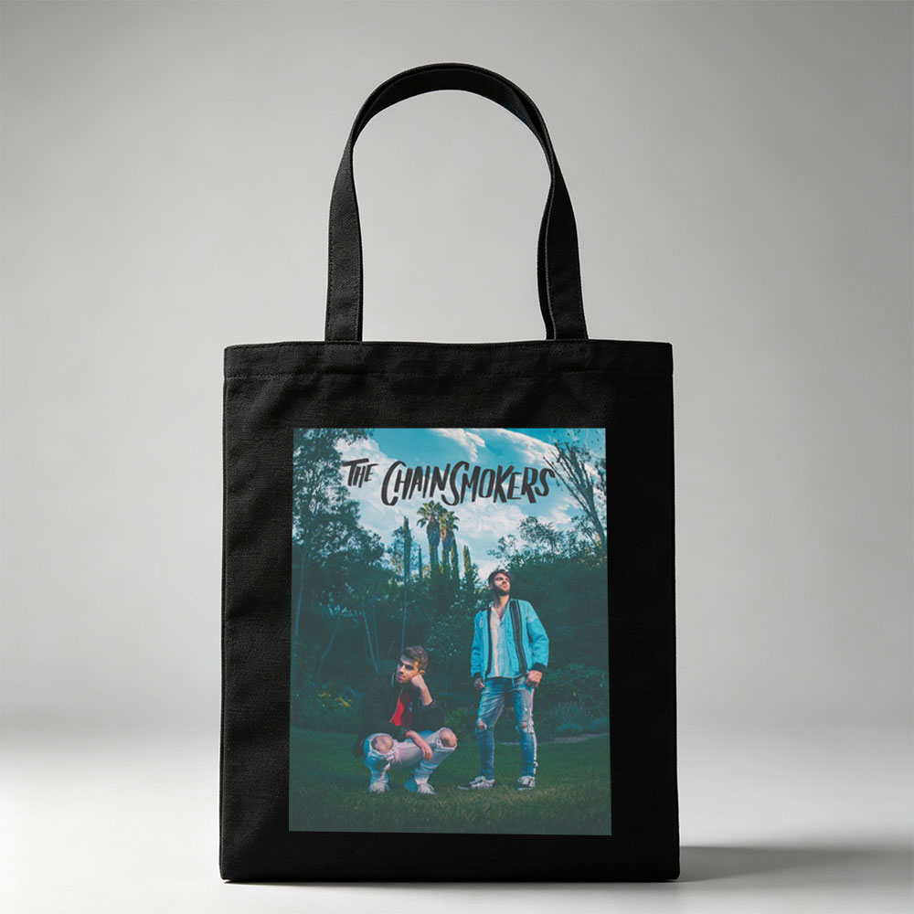 The Chainsmokers in a Lush Garden with Palm Trees and Vibrant Outfits - Canvas tote bags