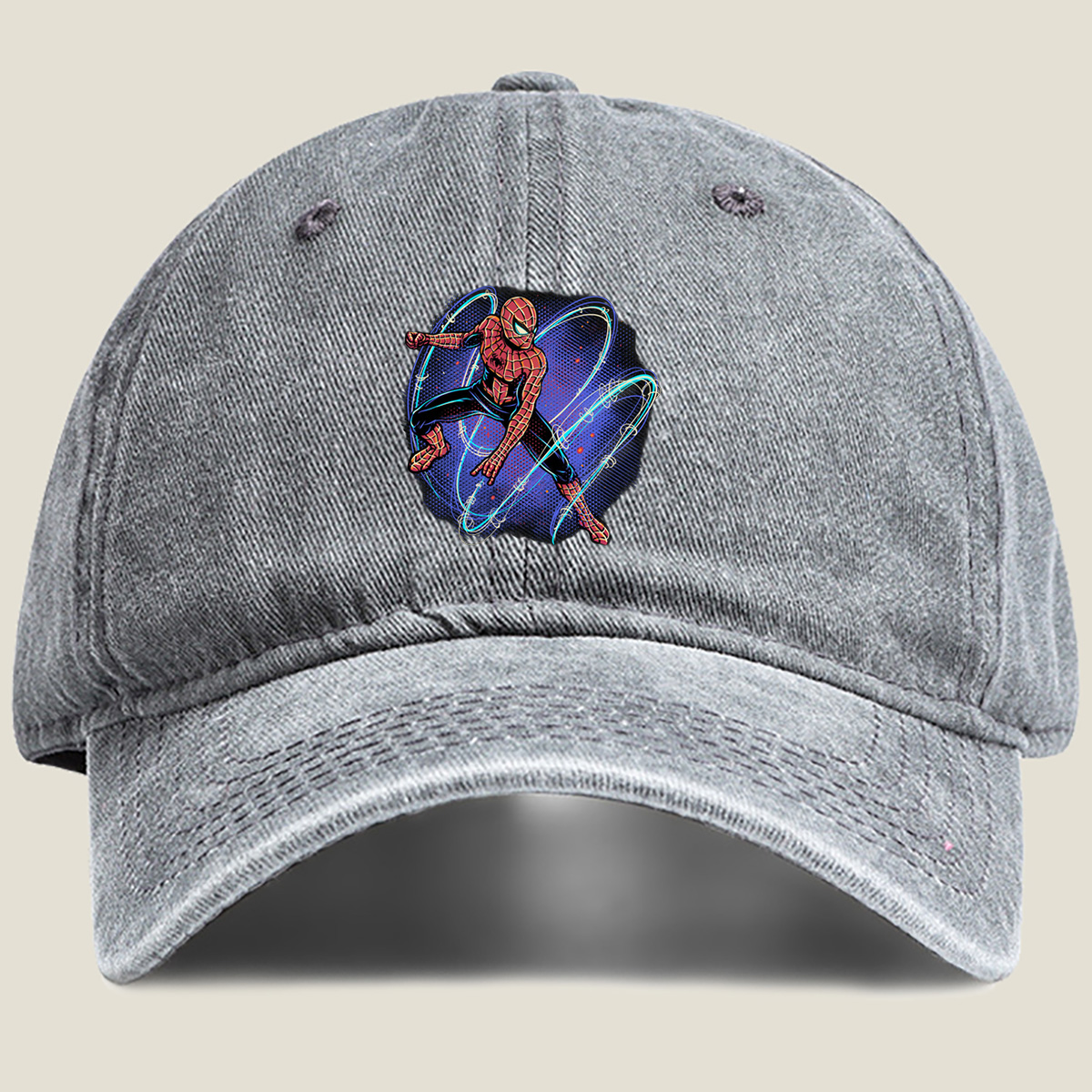Spider-Man in Action with Dynamic Web Swirls - Washed Denim - Baseball Cap