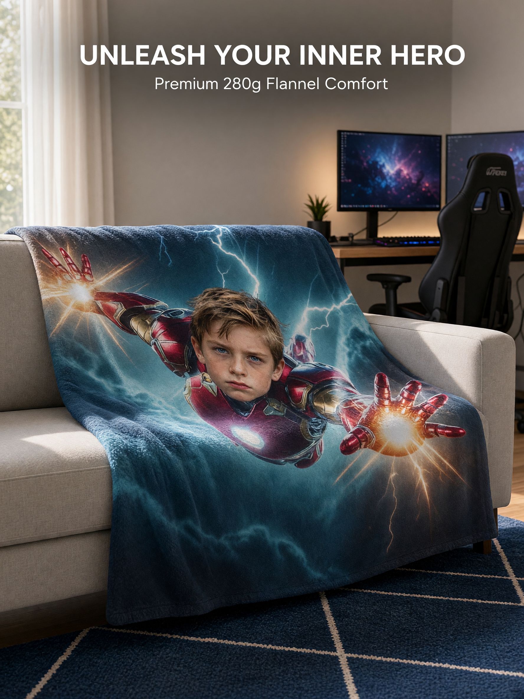 Custom Superhero Face Blanket, Personalized Photo Flannel Throw for Kids and Adults, Cozy Bed and Sofa Gift