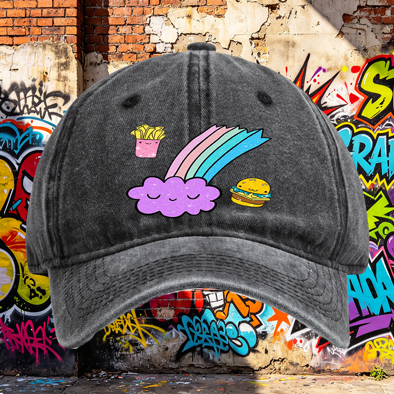 Unisex Classic Washed Cap with Kawaii Rainbow Cloud, Happy Fries & Burger Print – Casual Streetwear Hat for Youth and Trendy Adults, Perfect for Daily Wear, Outings, and Festivals