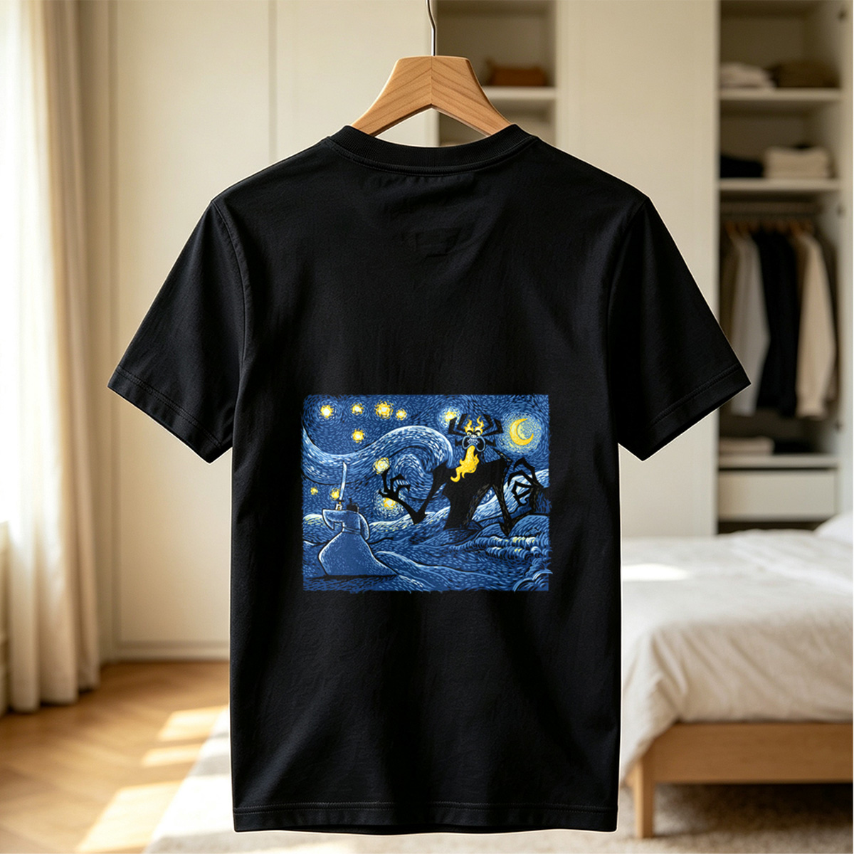 Samurai vs. Fiery Spider in Starry Night - Tee