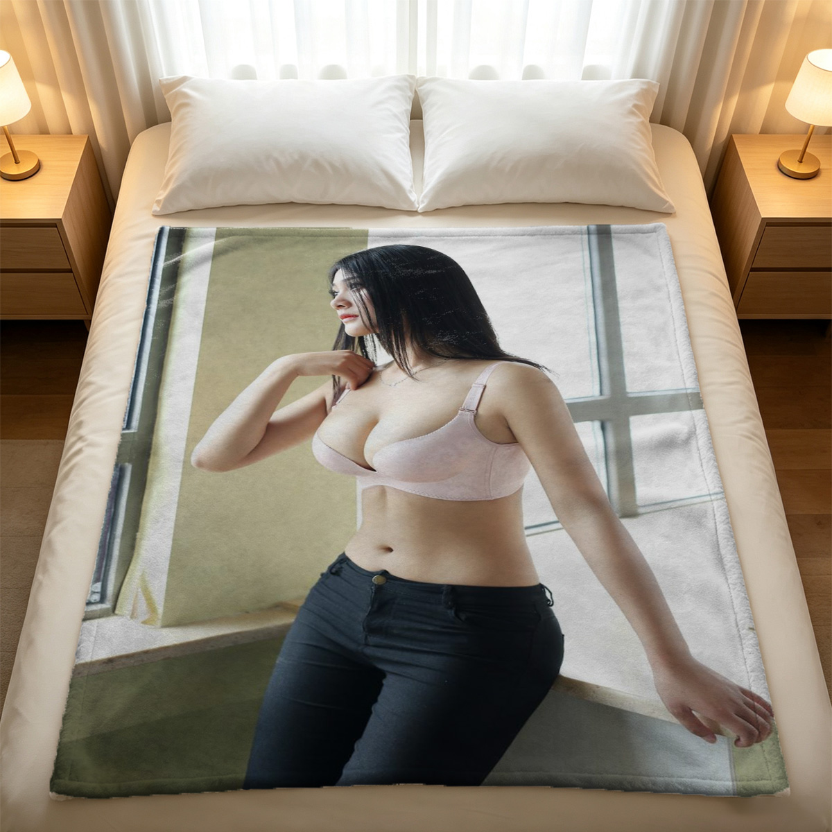 Nata Ocean in Brown Crop Top and Black Lace Panties Lounging in Blue Armchair - Blanket