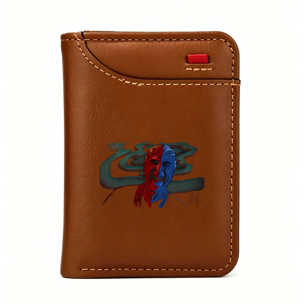 Split-Face Portrait: Red and Blue Duality with Digital Background - Vertical Style Wallet