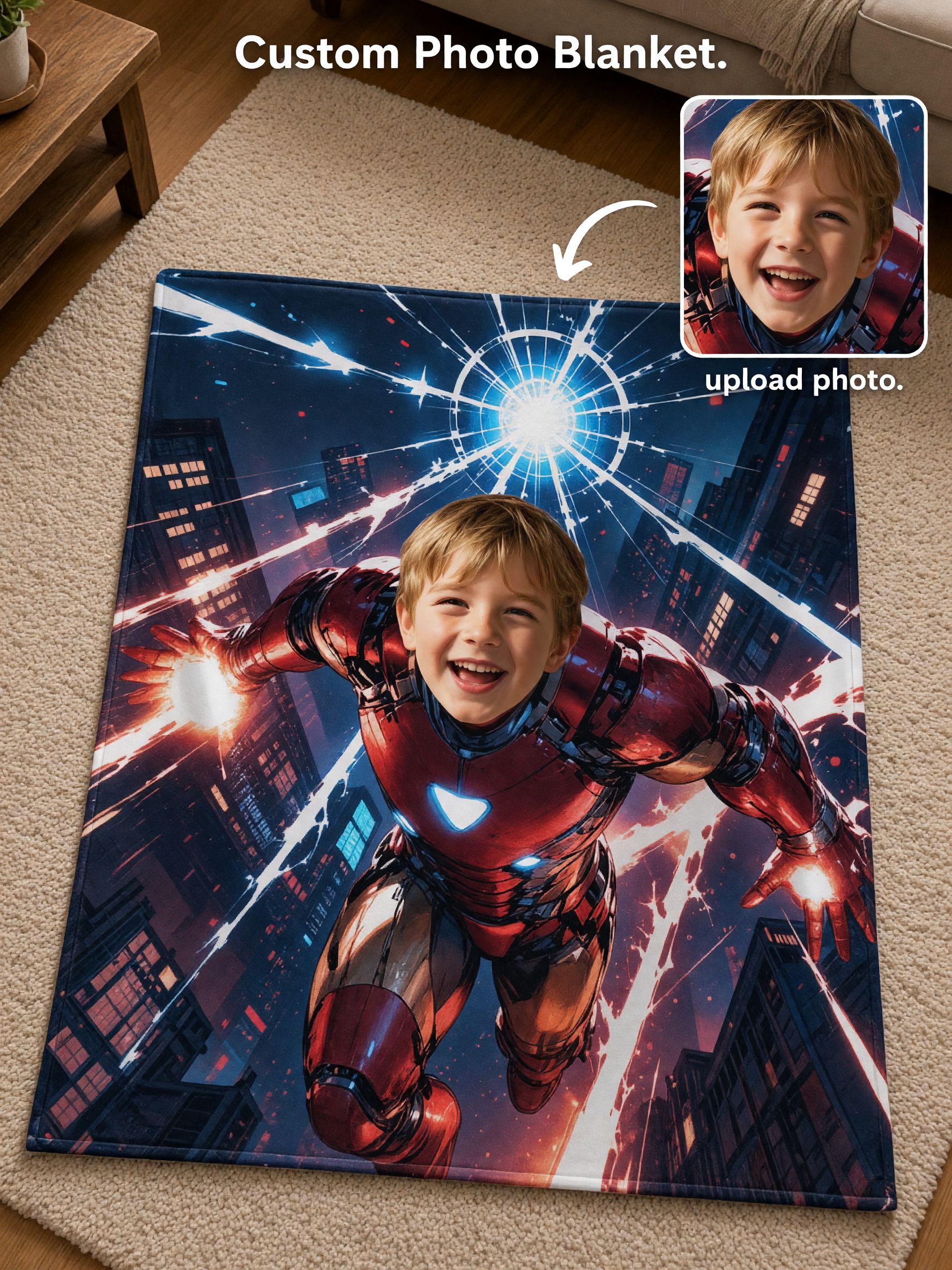 Custom Face Superhero Blanket, Personalized Photo Soft Flannel Fleece Throw, Ideal Cozy Gift for Kids and Family