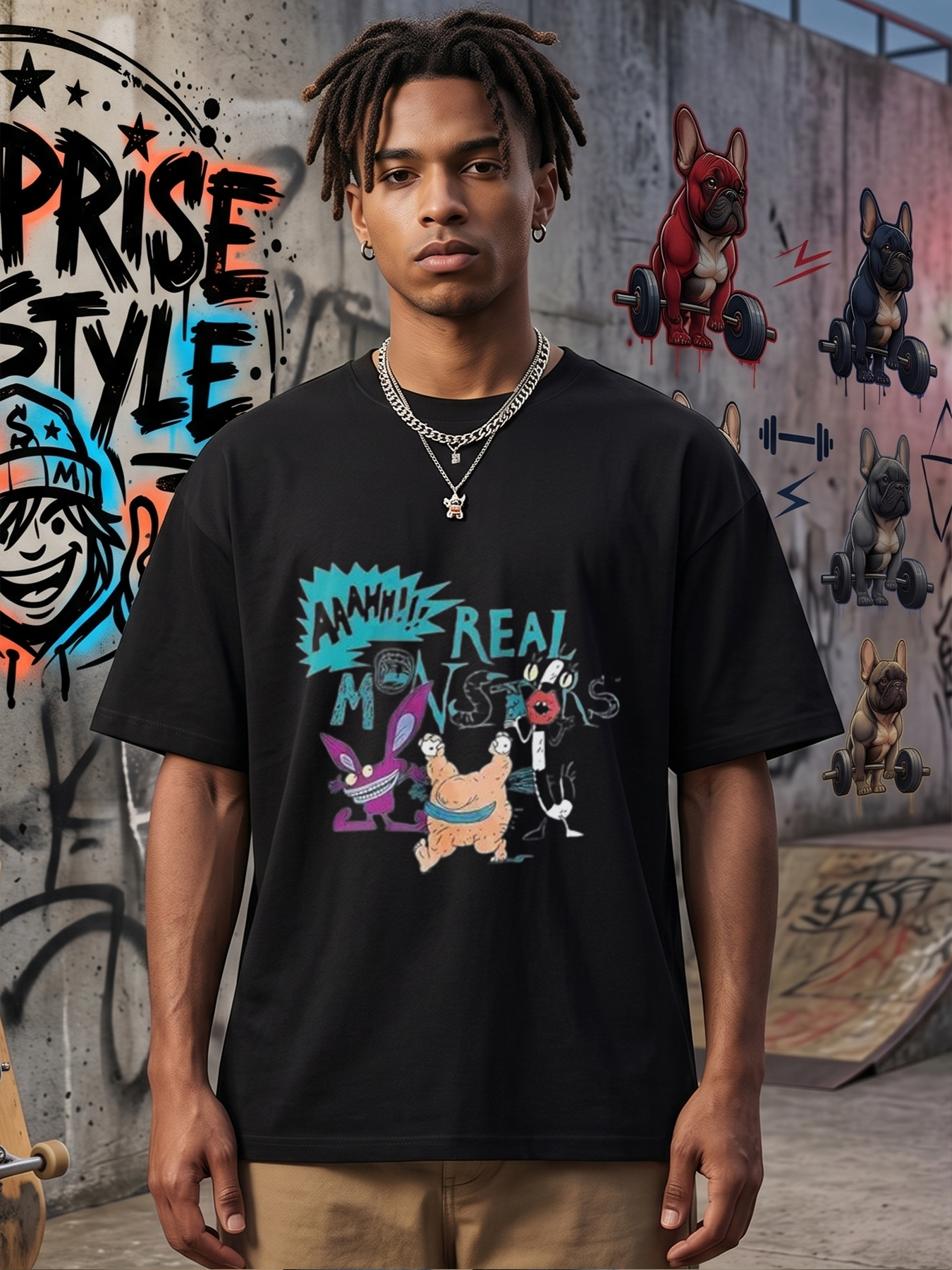 Men's Printed T-Shirt Featuring Cartoon Monsters and 