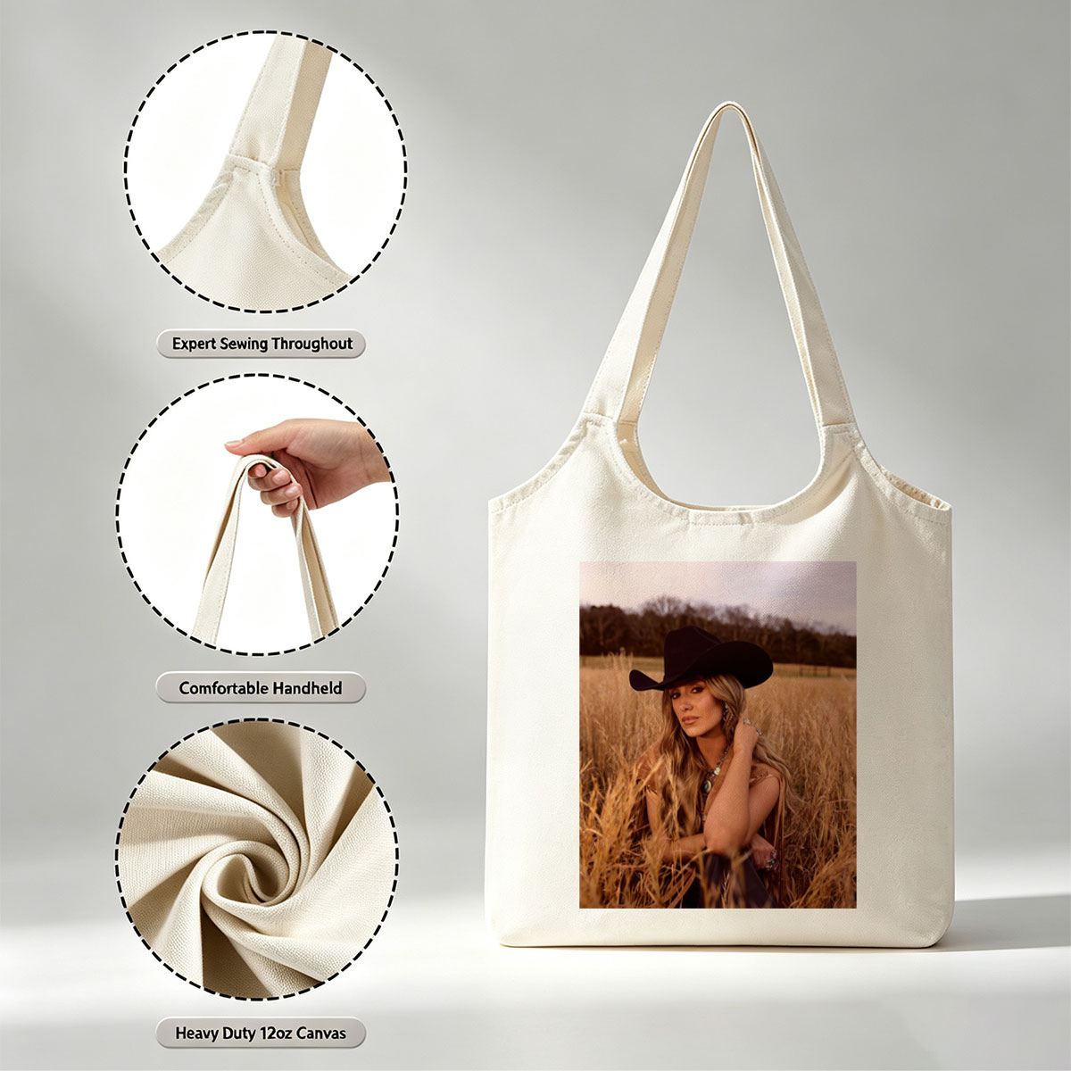 Paris Hilton in a Field of Golden Grass Wearing a Black Cowboy Hat and Boho Outfit - Canvas shoulder bags/