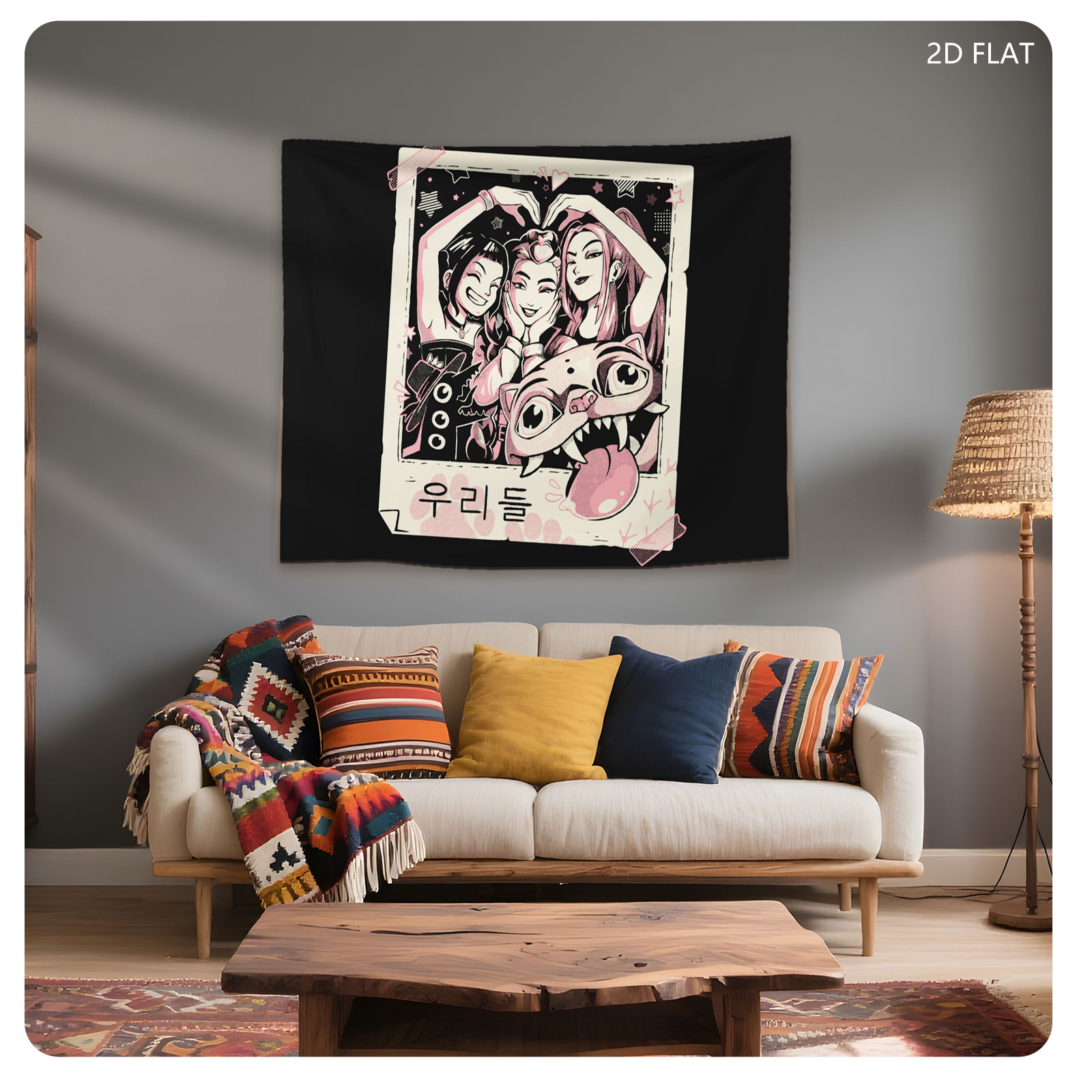 Three Girls and a Cat in a Polaroid Frame - Tapestry