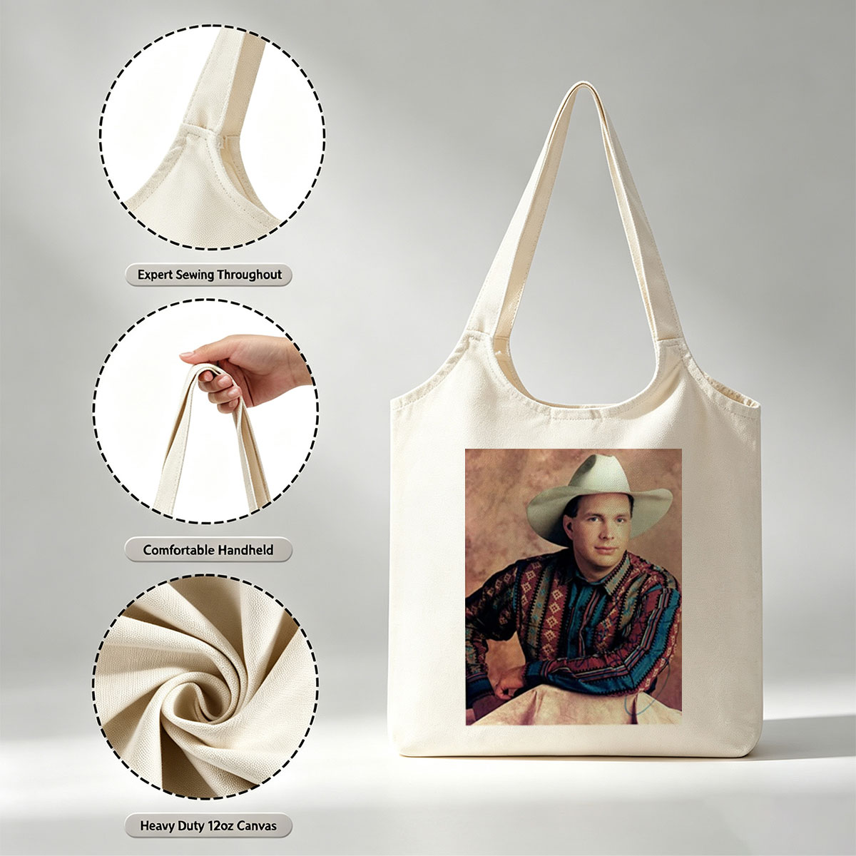 Garth Brook in Cowboy Attire with Colorful Patterned Shirt and White Hat - Canvas shoulder bags/