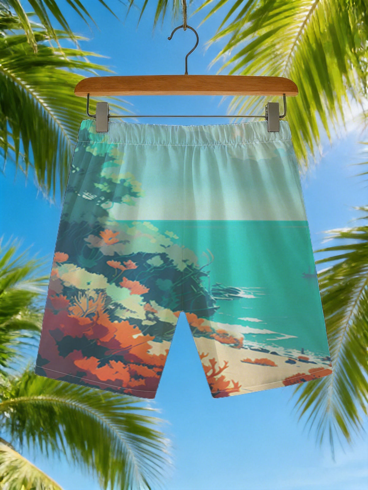 Colorful coastal landscape with vibrant flora and a distant ship on turquoise waters. -  Beach shorts