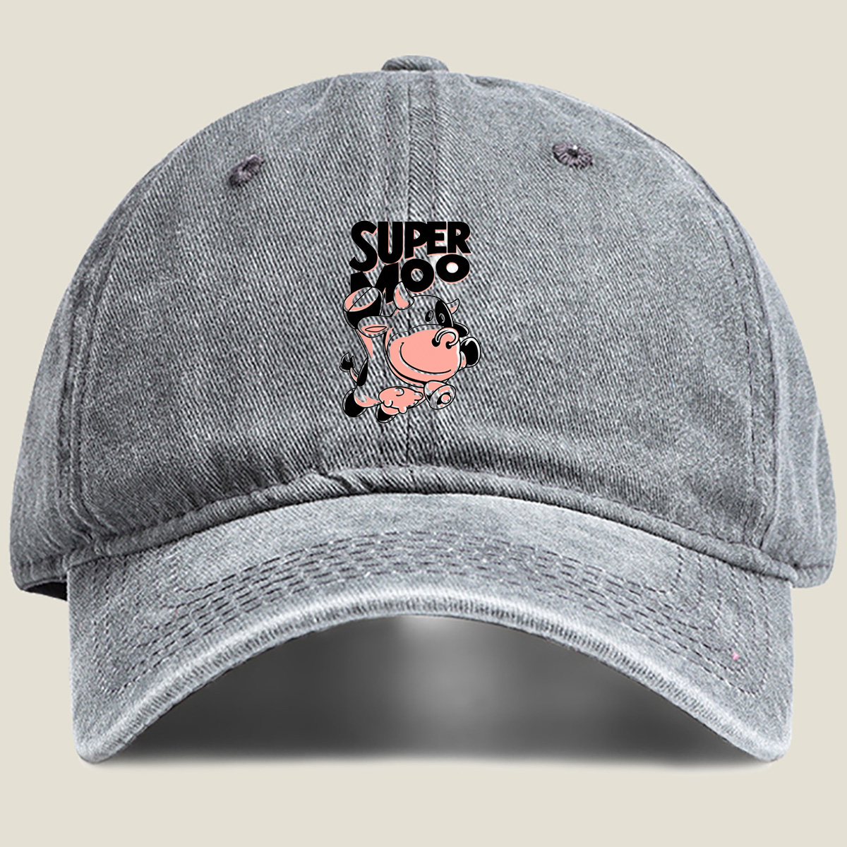 Super Moo Cow Character Design - Washed Denim - Baseball Cap