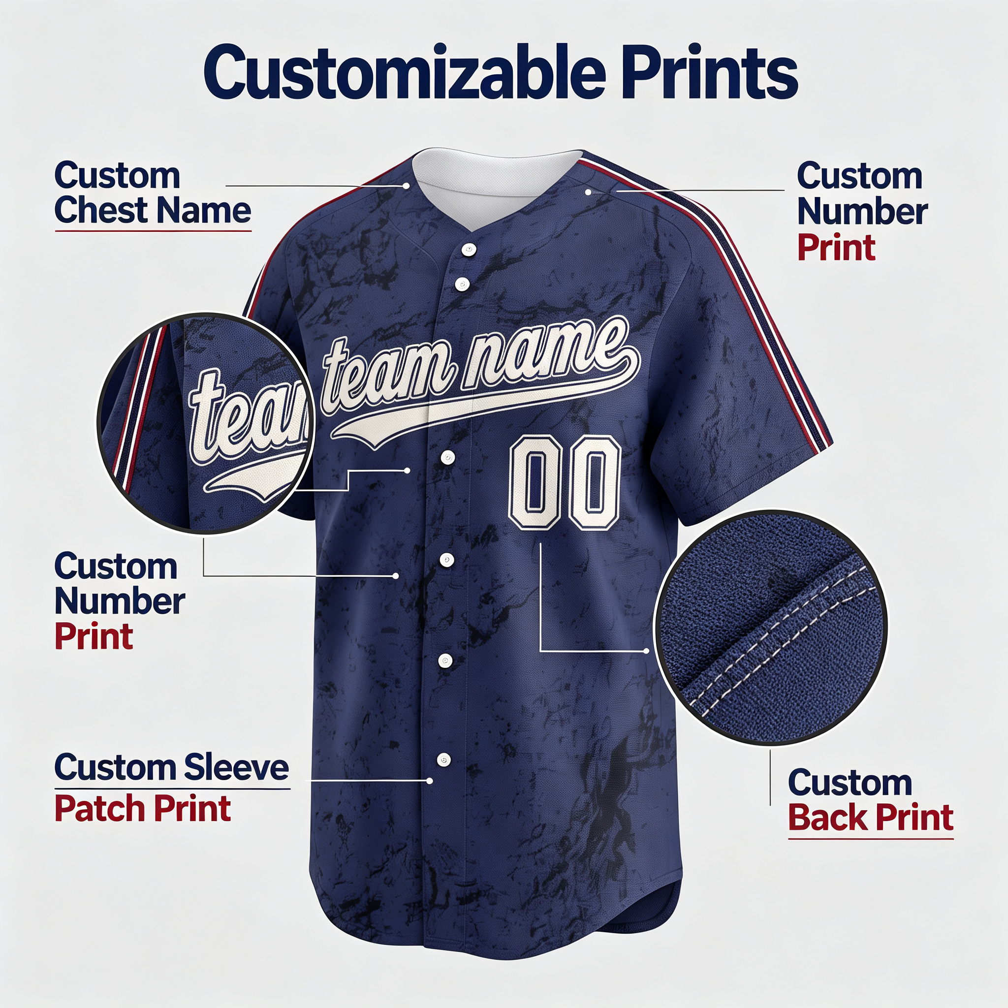 Custom Printed Cleveland City Style Baseball Jersey Heather Navy Textured Button Down Shirt for Men and Women