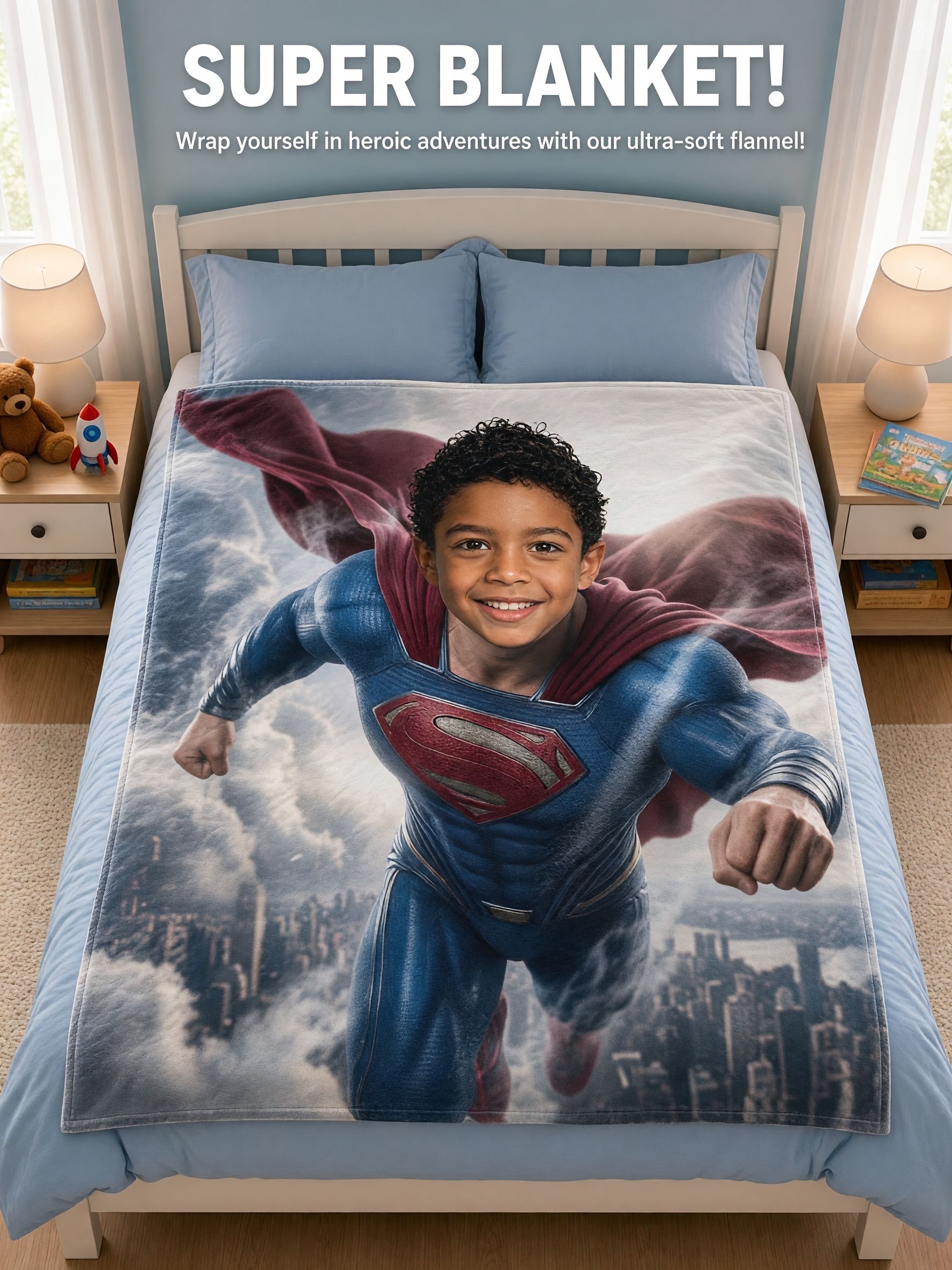 Custom Face Photo Blanket Personalized Superhero Flannel Throw Skin Friendly Anti Pilling Cozy Bed Sofa Gift for Kids