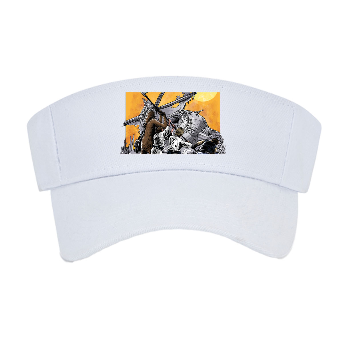 Rebel Alliance: Chewbacca, Luke Skywalker, Han Solo, and Princess Leia Rally Around the Millennium Falcon Amidst a Desert Battle Scene -  Visor cap