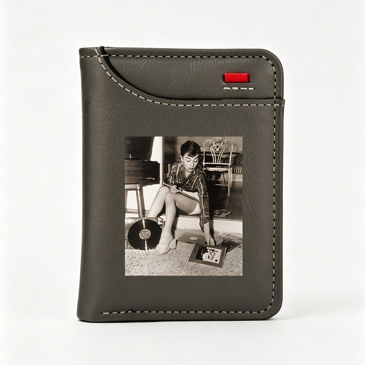 Audrey Hepburn Selecting Vinyl Records in a Cozy Room - Vertical Style Wallet