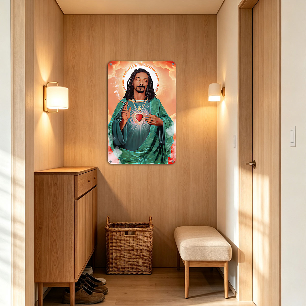 Snoop Dogg as Sacred Heart Saint, Holding Cigarette with Divine Halo and Radiant Heart - painting