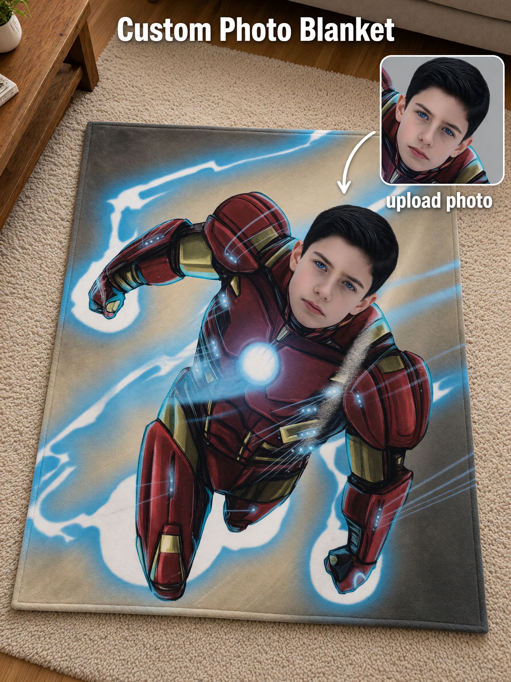 Custom Face Flannel Blanket Personalized Red Superhero Armor Throw Soft Cozy Photo Blanket Ideal Birthday Gift for Kids