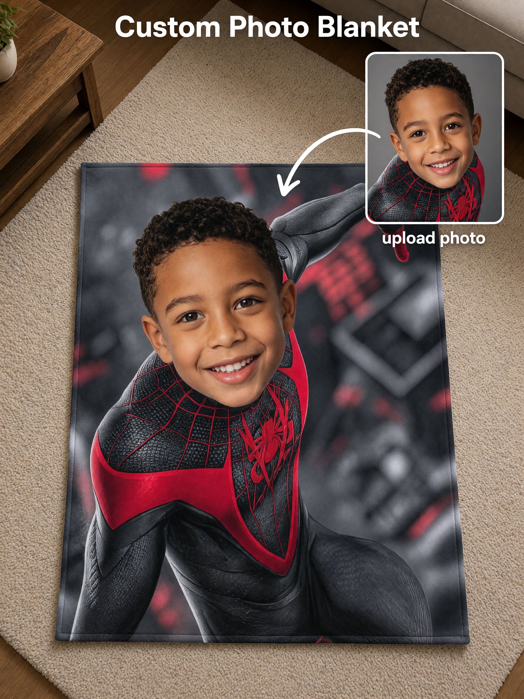 Custom Face Flannel Blanket with Red and Black Superhero Suit Design Soft Cozy Personalized Photo Throw Gift for Boys