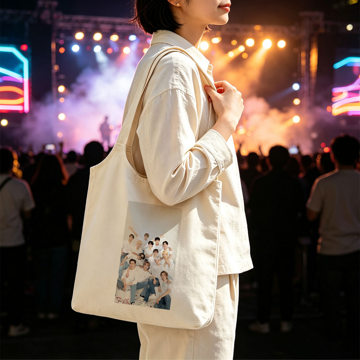 SEVENTEEN Group Photo in White Outfits with Playful Poses and Red Heart Details - Canvas shoulder bags/