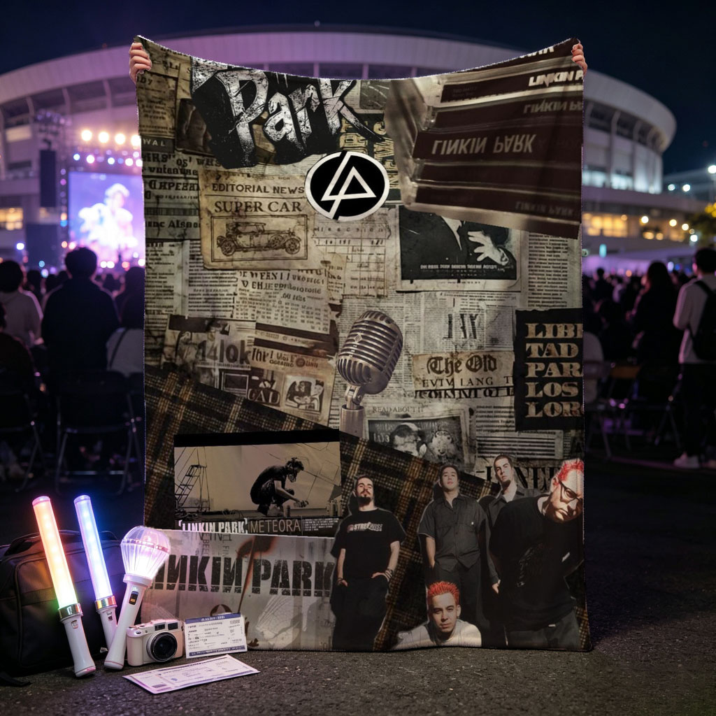 Linkin Park Band Collage Featuring Album Art, Members, and Vintage Newspaper Background - Blankets