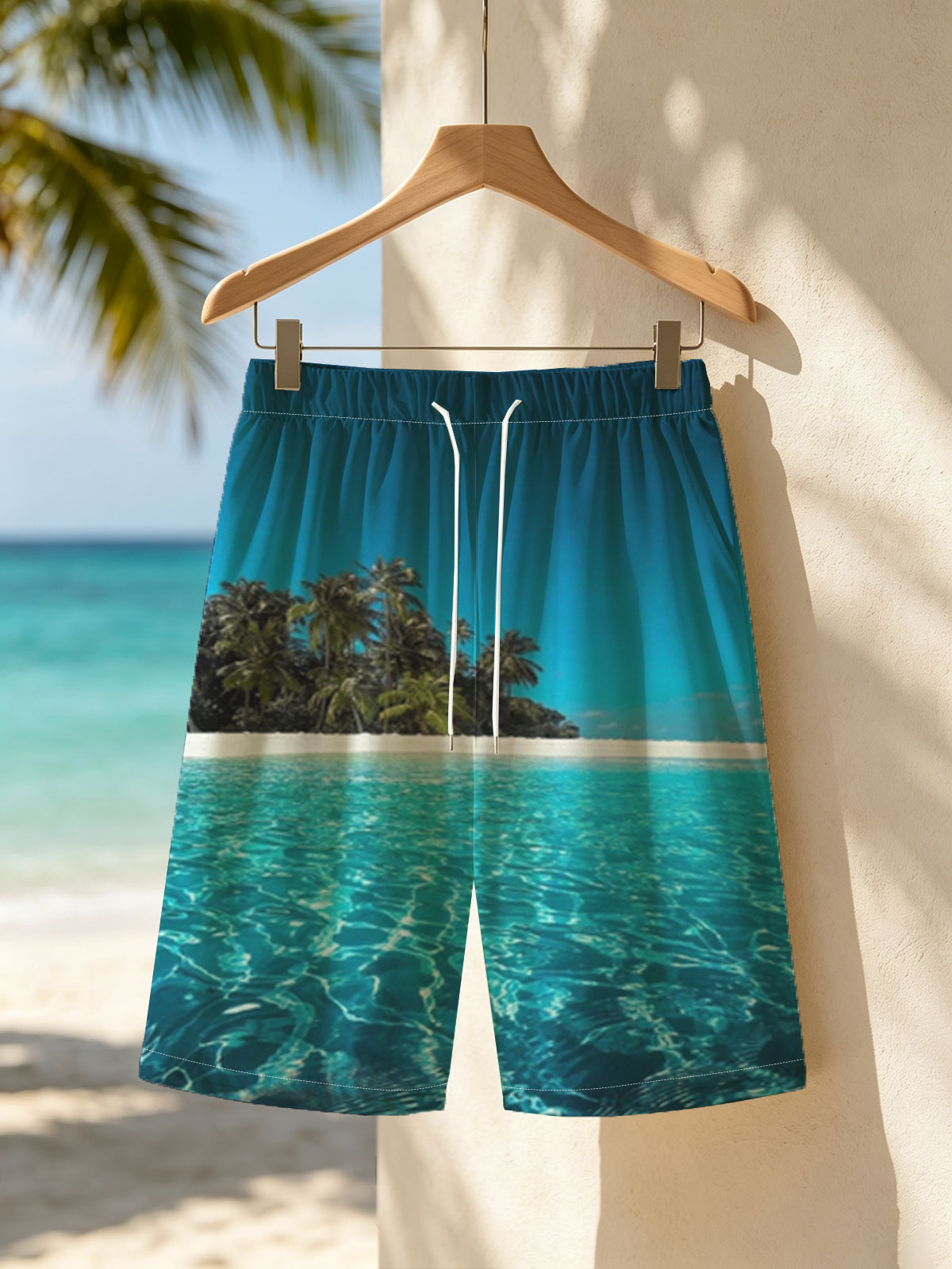 Crystal Clear Waters and Palm Trees on a Tropical Beach -  Beach shorts