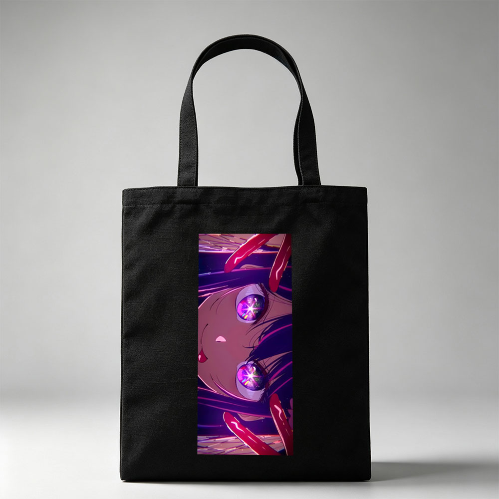 Anime Character with Glowing Purple Eyes and Dramatic Expression in a Cosmic Background - Canvas tote bags