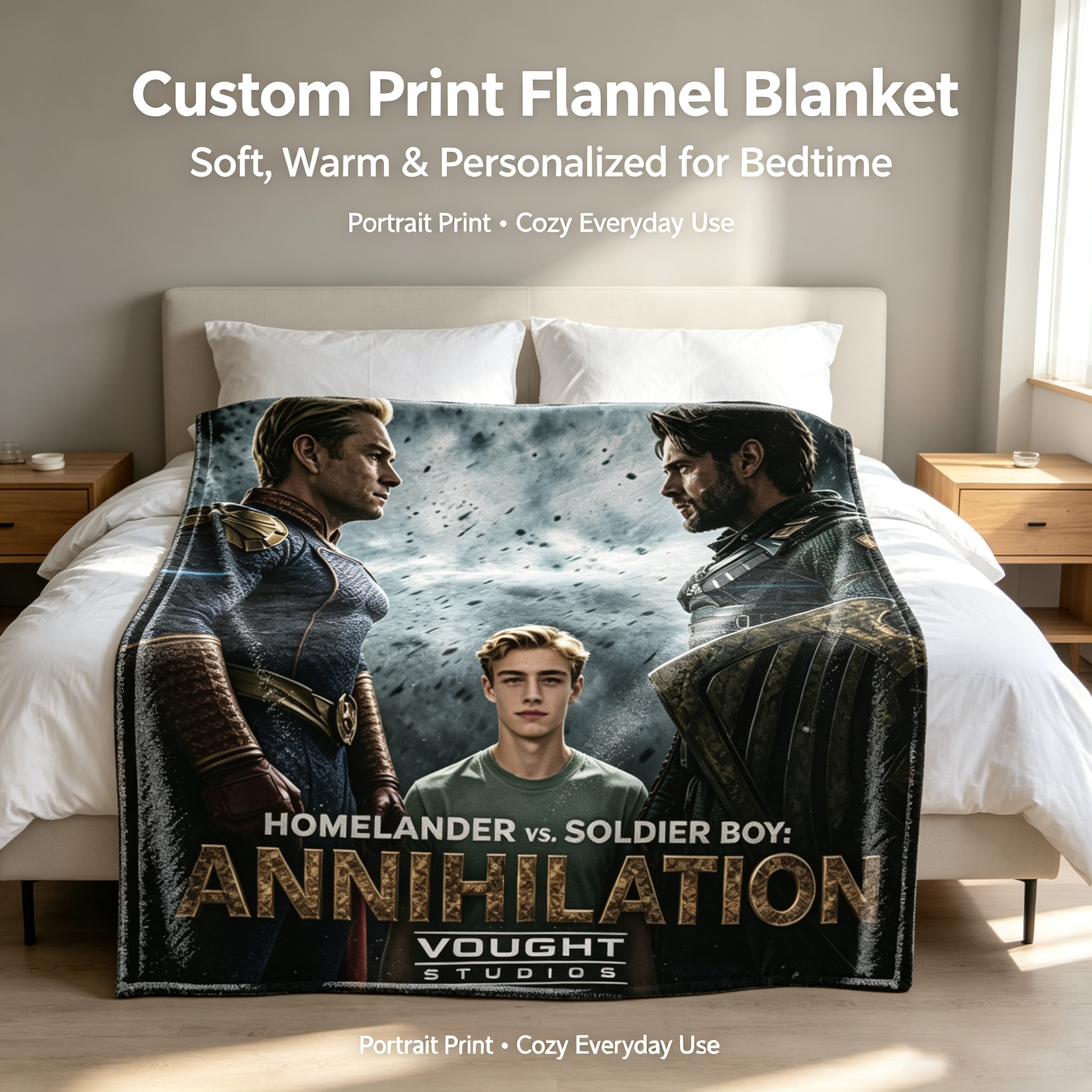 Custom Face Blanket The Boys Homelander vs Soldier Boy Annihilation Flannel Blanket for Fans Movie Poster Design Cozy Bedding Gift or Giveaway