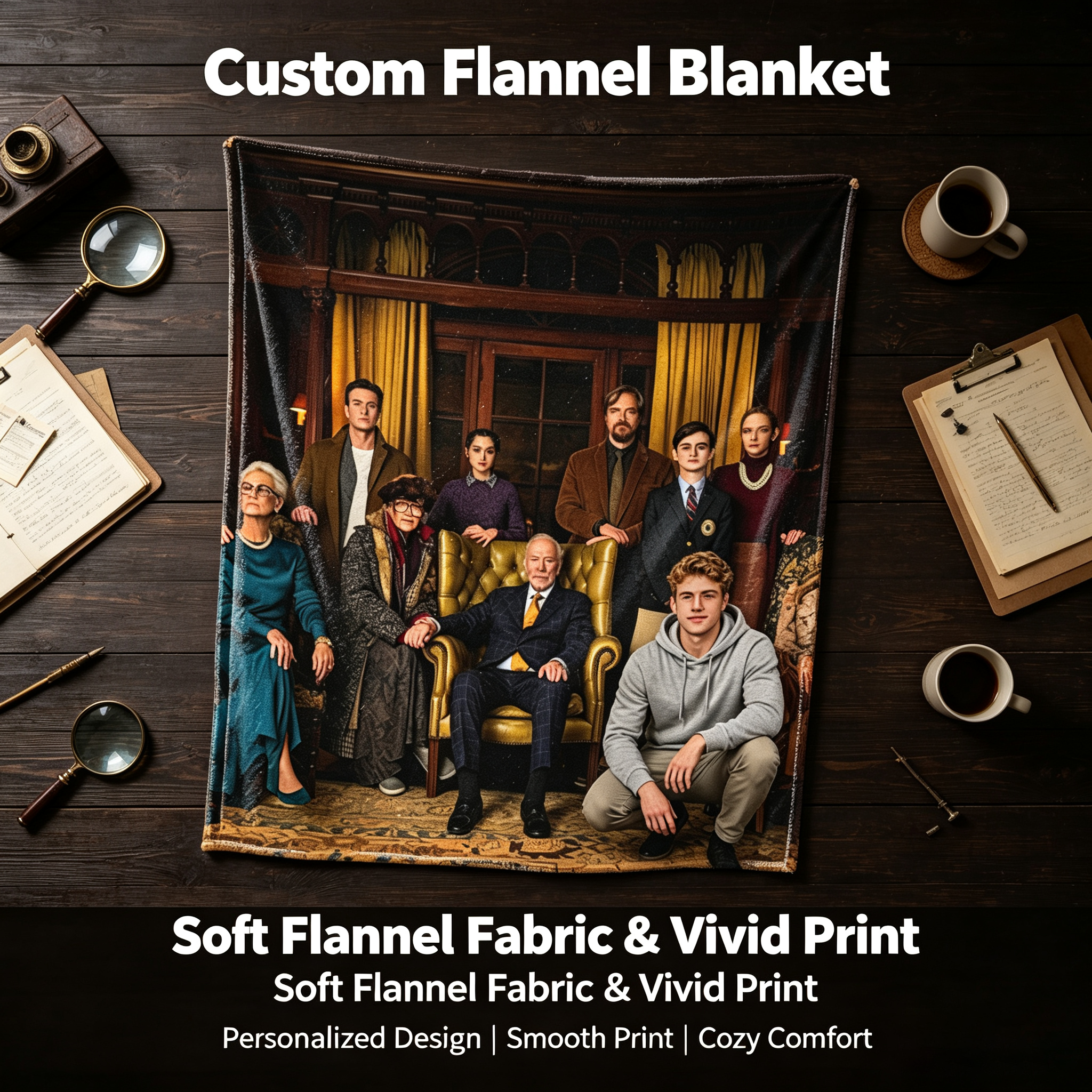 Custom Face Blanket Family Portrait Vintage Style Flannel Blanket Cozy Living Room Decor Gift for Relatives and Friends