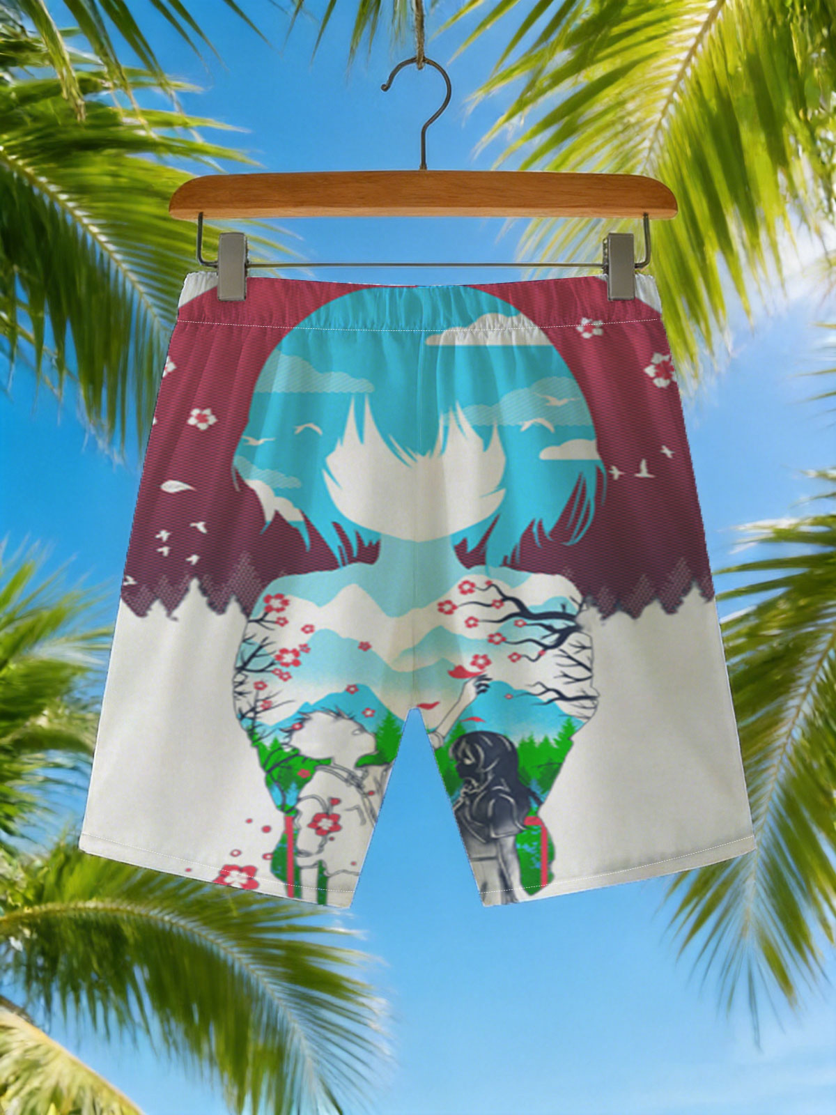 Two Figures Under Cherry Blossoms with Mountain Landscape and Sky Background -  Beach shorts