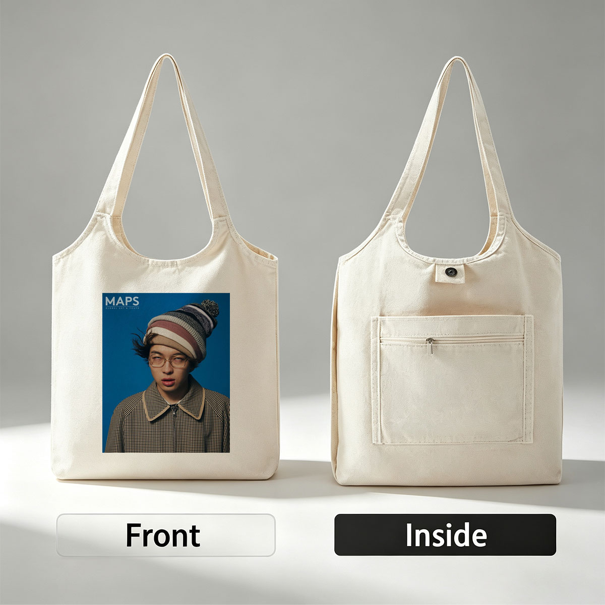 BTS Jungkook in a Stylish Winter Look with Beanie and Checkered Jacket on Blue Background - Canvas shoulder bags/