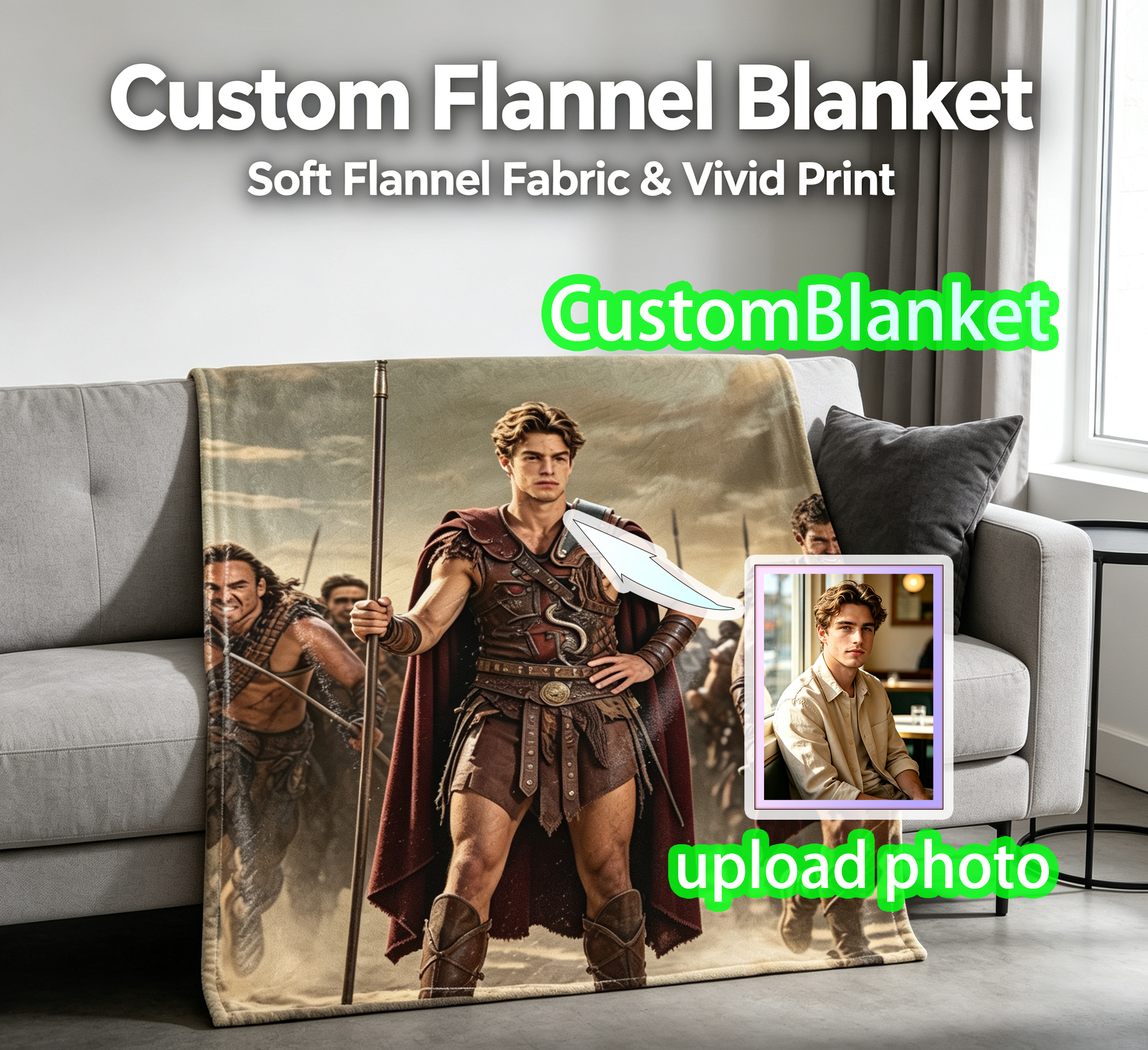 Custom Face Blanket - Ancient Warrior Hero with Spear and Armor Flannel Blanket - Perfect for Couch, Bed, or Camping - Ideal Gift or Giveaway for History and Fantasy Fans