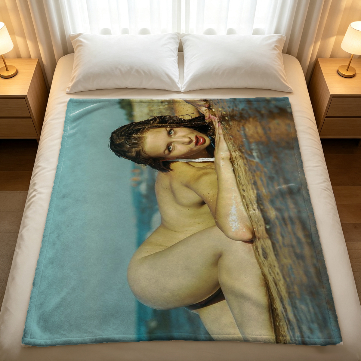 Nude Japanese woman sitting in a sunny grass field - Blanket