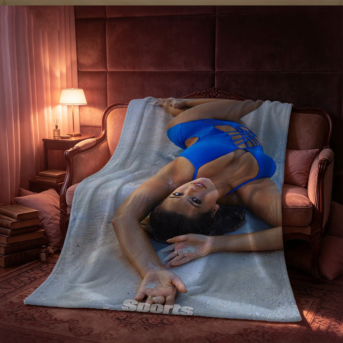 Emily in Black Lingerie on Blue Chair - Blanket
