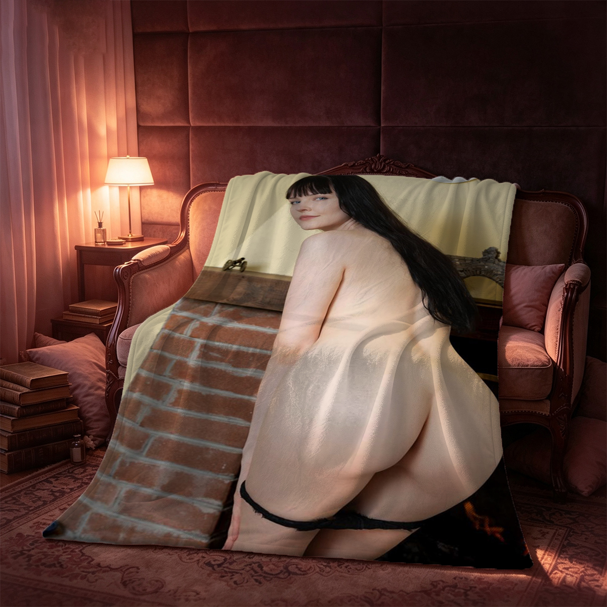Nude woman with long brown hair standing by open window in lace curtains, middle finger gesture. - Blanket