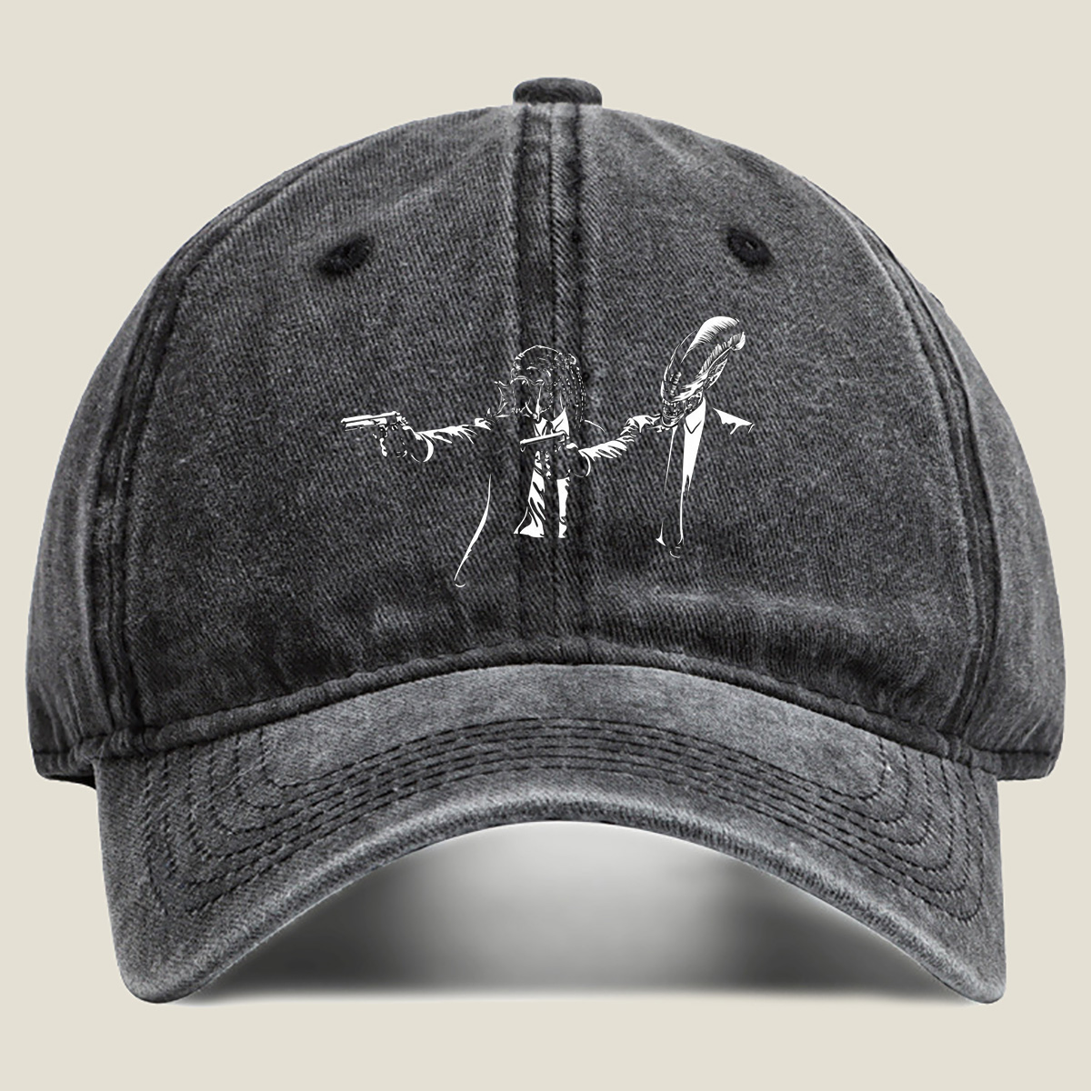 Predator and Alien in Suits with Guns - Washed Denim - Baseball Cap