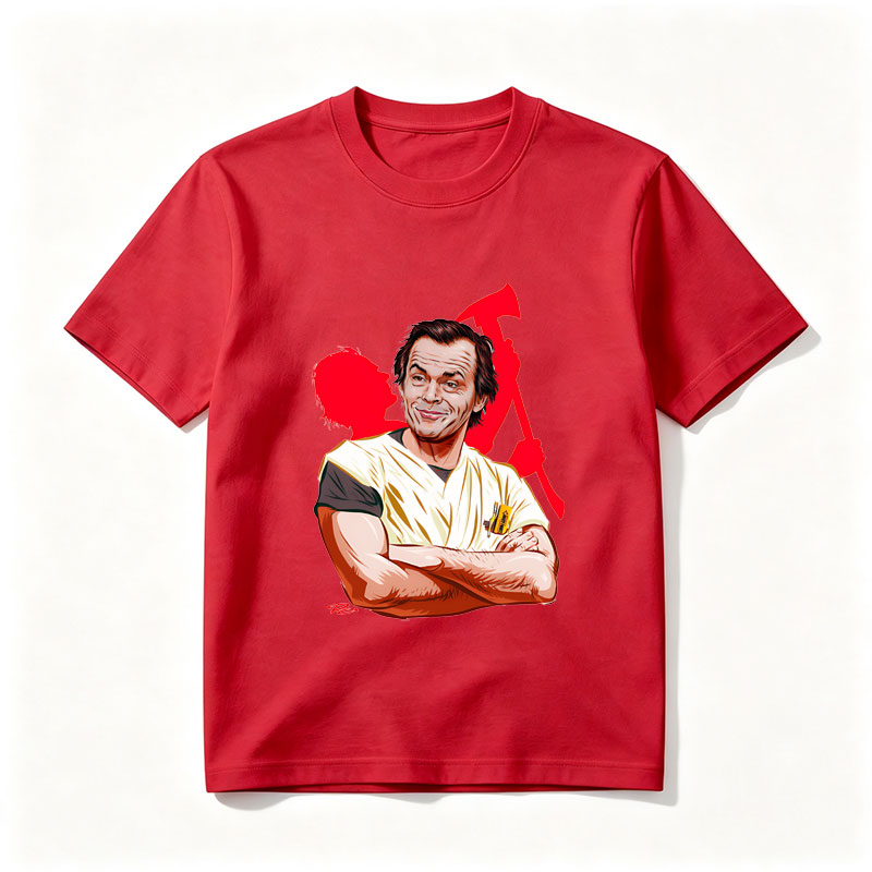 Jack Nicholson as the Joker, iconic villain from Batman, depicted in a stylized caricature with a menacing grin and chaotic red background. - Tee