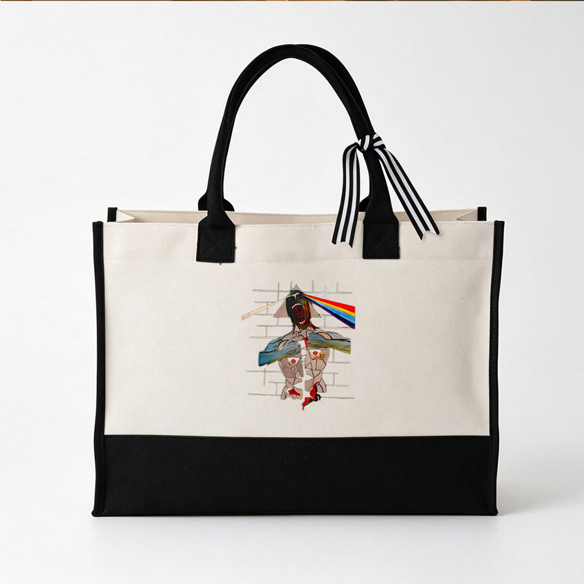 Pink Floyd's Dark Side of the Moon: A Surreal Portrait of the Prism and Human Form - Canvas patchwork gift tote bag