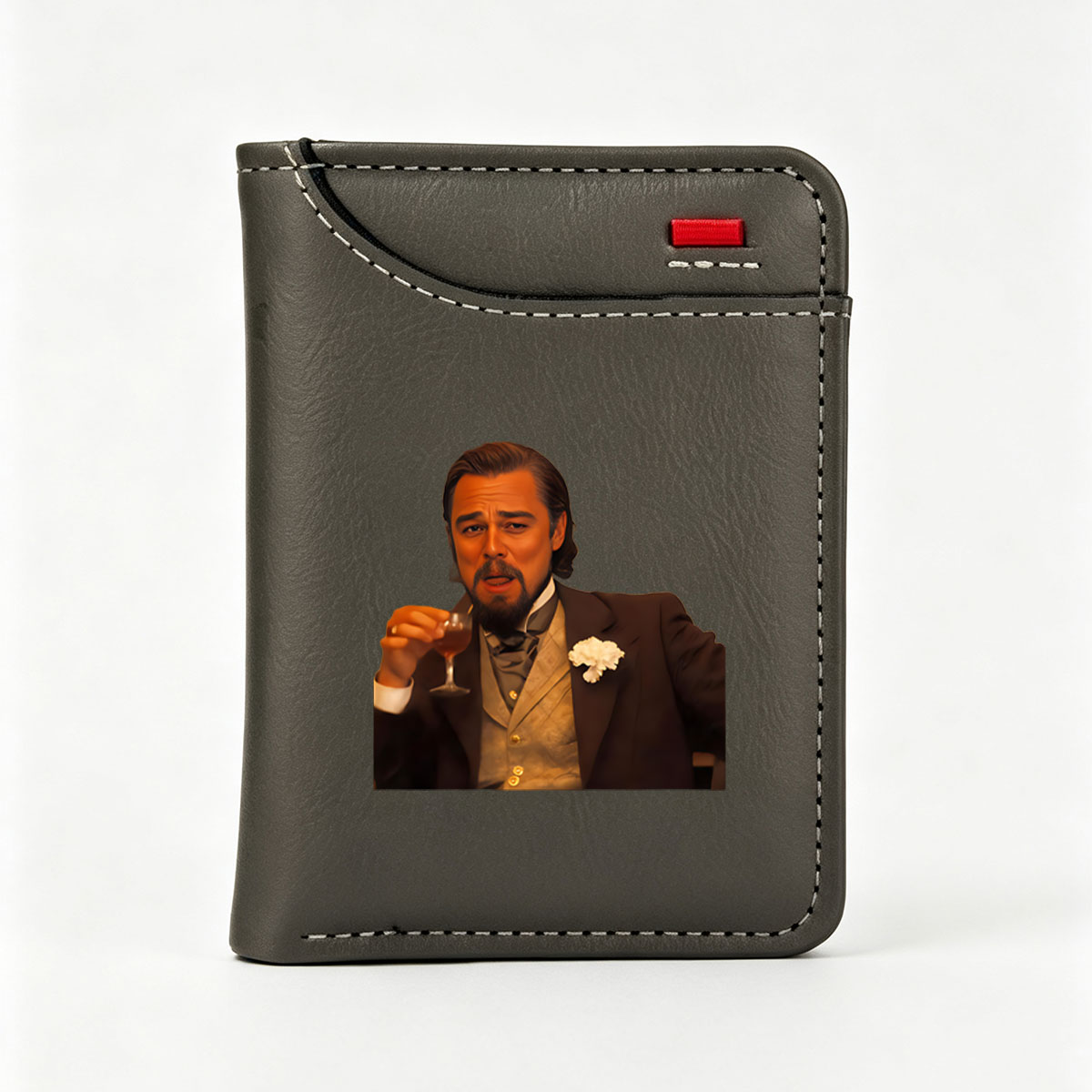 Leonardo DiCaprio in a formal suit with a white flower, holding a glass of wine - Vertical Style Wallet