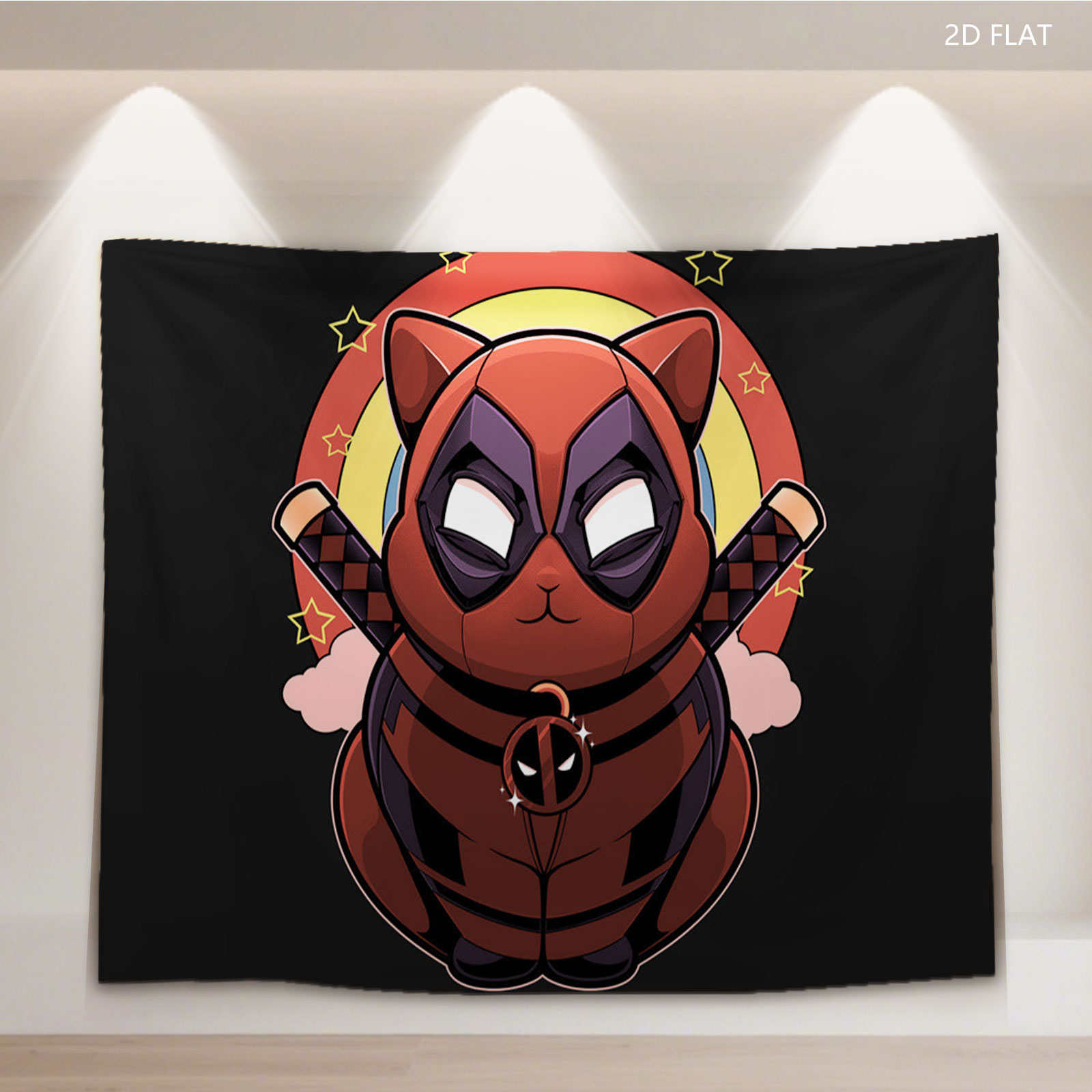 Deadpool Cat in Red Suit with Dual Katanas and Starry Background - Tapestry