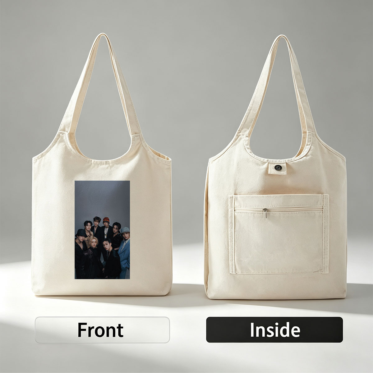 Stray Kids Group Photo - Seven Members in Stylish Outfits Against a Gray Background - Canvas shoulder bags/