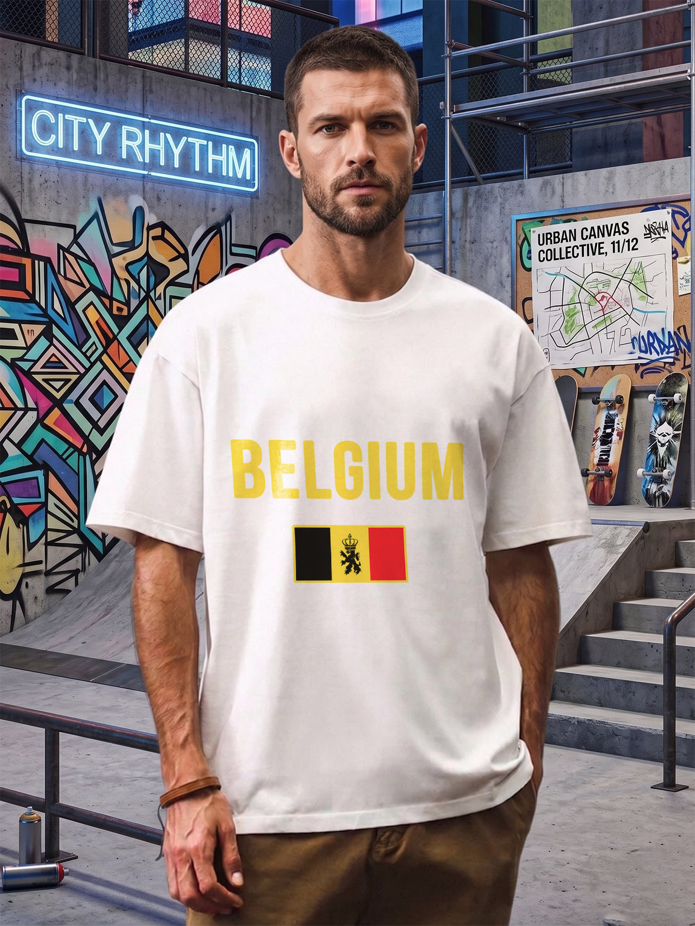 Men's Belgium Flag Print T-Shirt with Bold Yellow Text and National Emblem Design, Casual Round Neck Lightweight Breathable Summer Short Sleeve Tee for Travel, Sports, Daily Wear, Fans and Adults