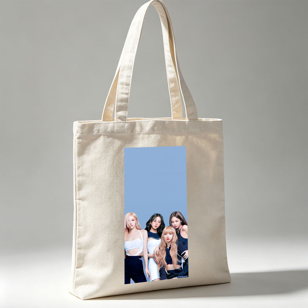 BLACKPINK Group Portrait - Four Members in Stylish Outfits Against Blue Background - Canvas tote bags