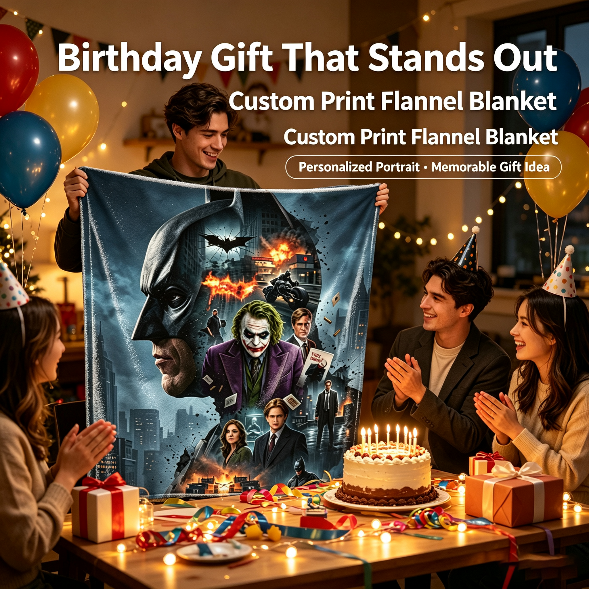 Custom Face Blanket Batman The Dark Knight Joker Flannel Blanket Movie Poster Design Cozy Bedding Gift for Fans and Collectors