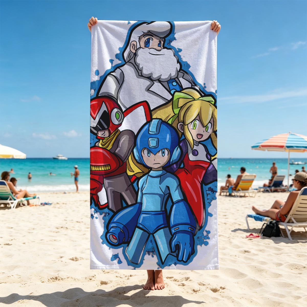 Mega Man, Roll, Dr. Light, and Bass from the Mega Man series - Beach towels