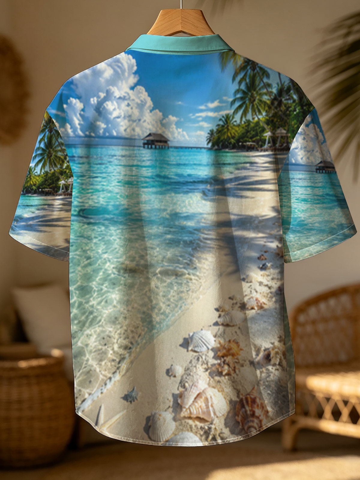 Tropical Beach with Clear Water, Shells, and Palm Trees -  Shirt