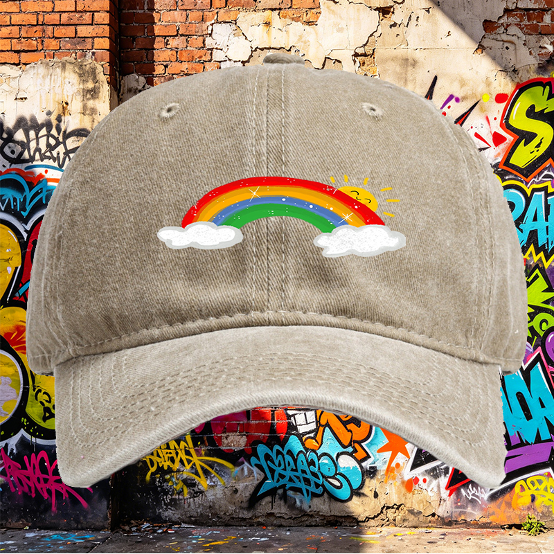 Unisex Classic Washed Cap with Rainbow and Sun Print | Casual Outdoor Hat for Adults and Teens | Perfect for Daily Wear, Travel, and Beach Activities
